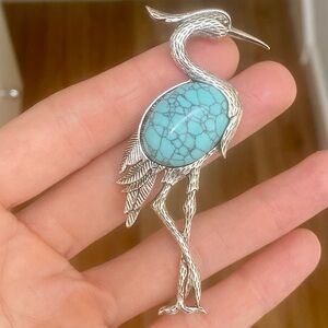New Silver heron bird pendant / brooch, turquoise stone